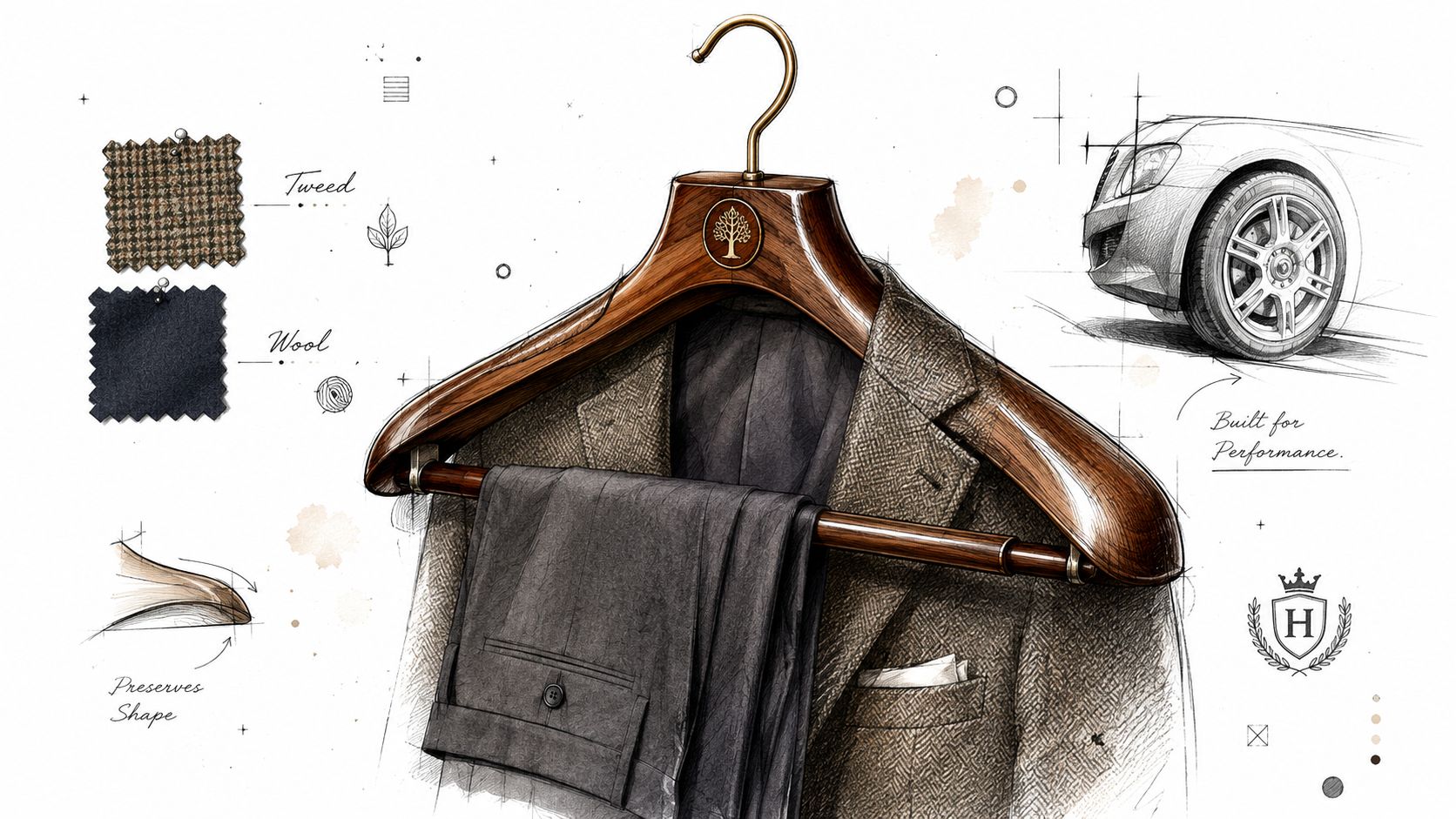 A detailed fashion sketch featuring a luxury wooden clothes hanger holding a tweed jacket and wool trousers.