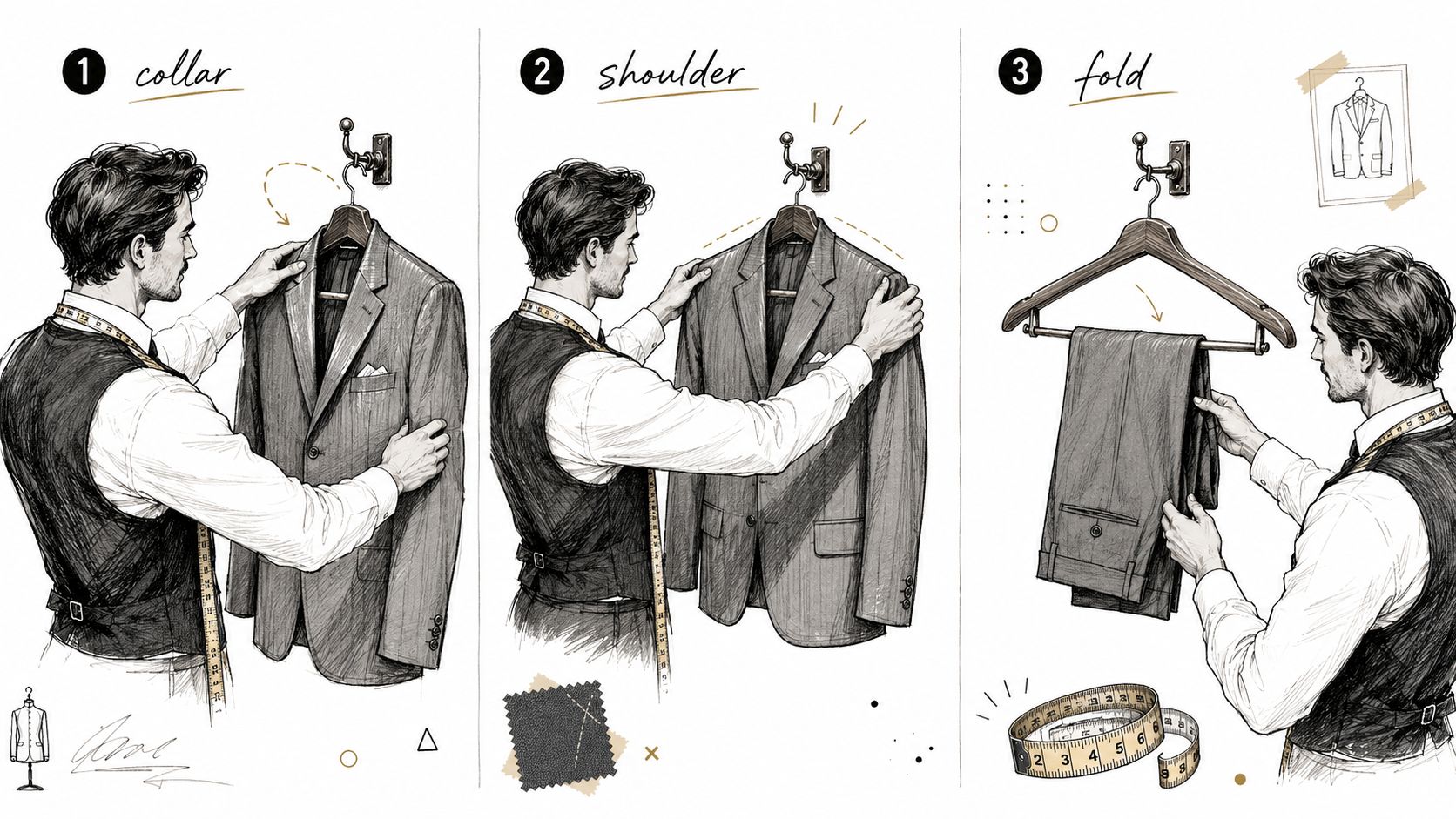 A professional tailor demonstrating how to properly care for a suit jacket and trousers on wooden hangers.