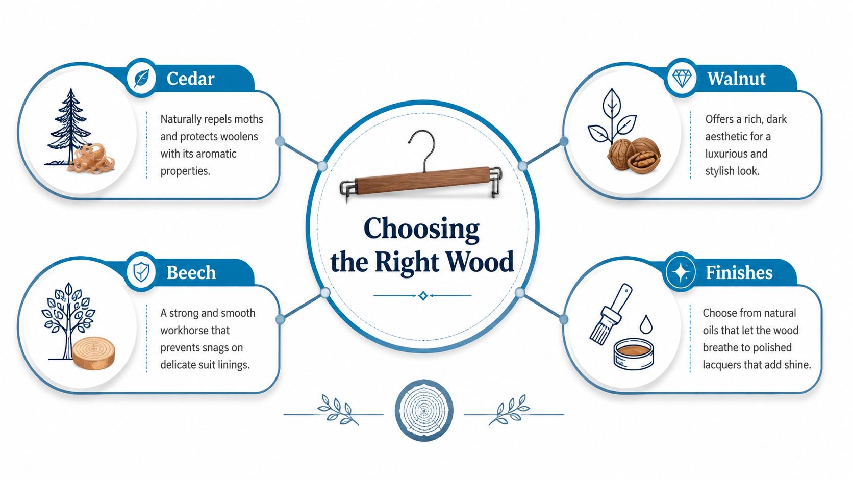 A diagram comparing wood types for coat hangers including cedar, walnut, and beech, plus finish options.