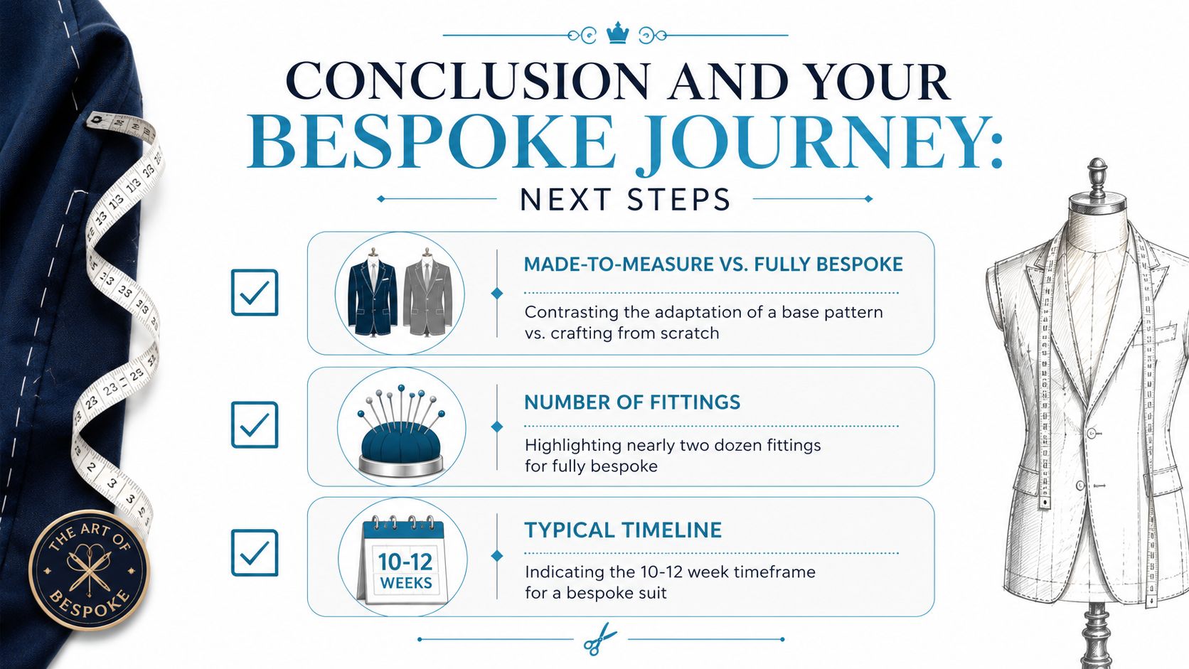 An infographic titled Conclusion and Your Bespoke Journey outlining key steps of the custom suit process.