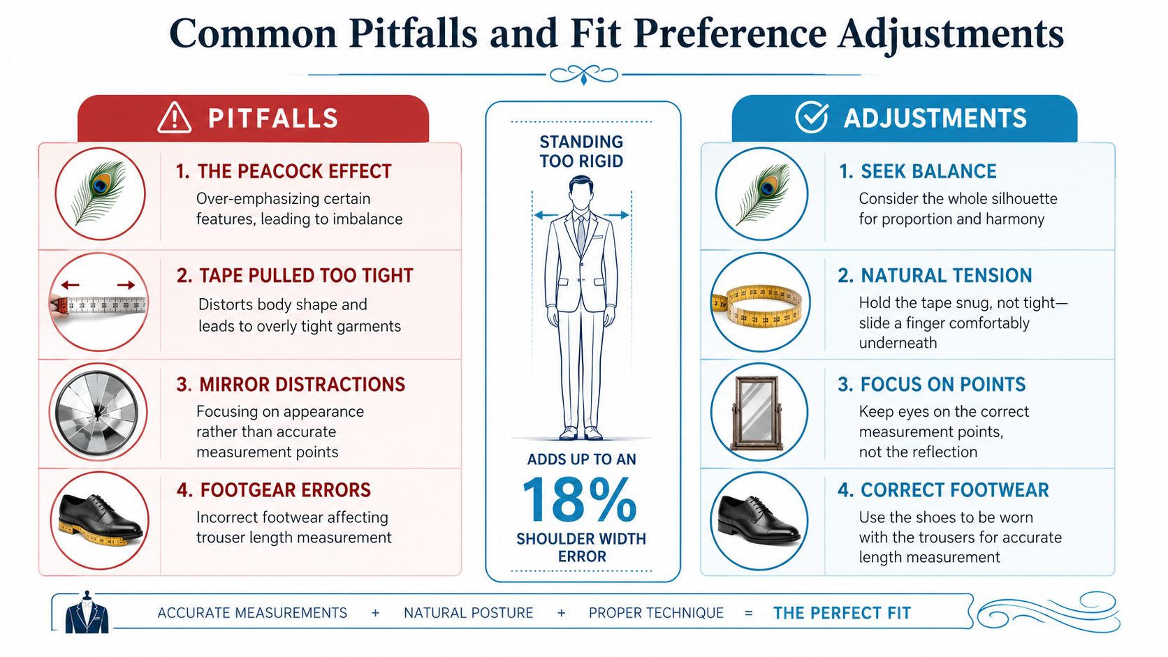 An infographic detailing common tailoring pitfalls and adjustments for achieving accurate bespoke suit measurements and fit.