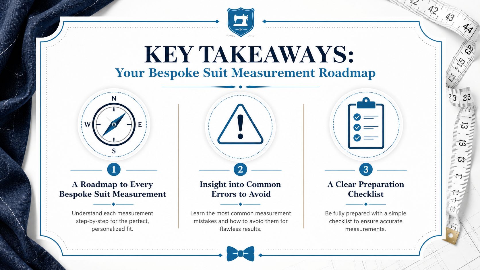 An infographic titled Key Takeaways: Your Bespoke Suit Measurement Roadmap featuring a compass, warning sign, and checklist icons.