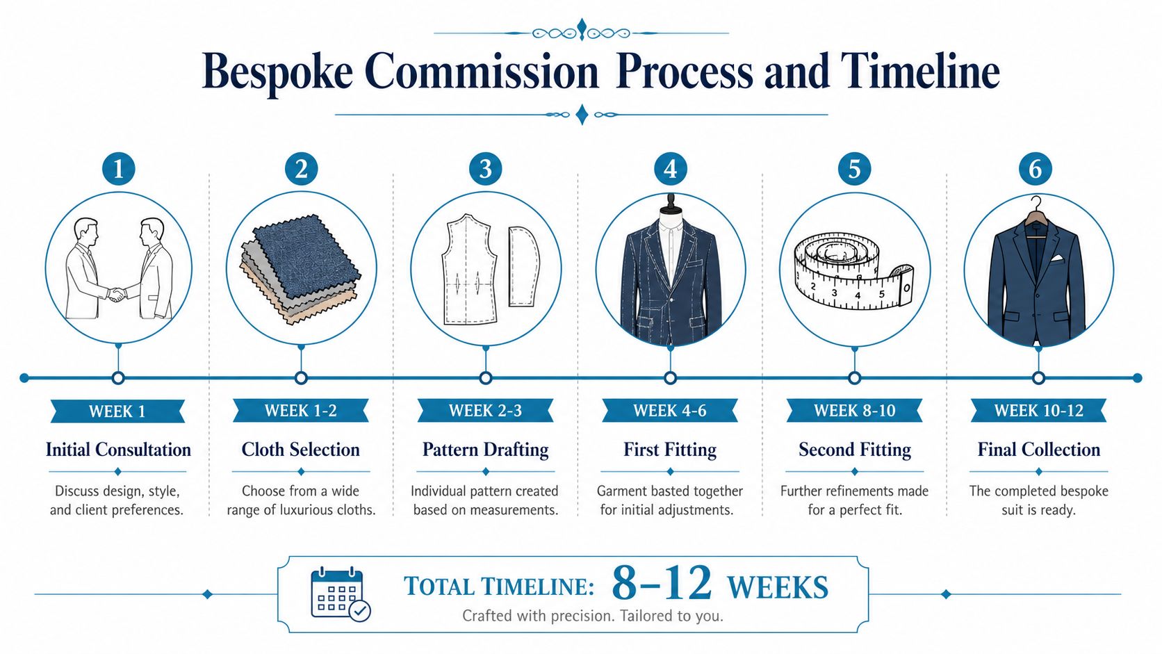 A diagram illustrating the six-step bespoke suit commission process timeline from initial consultation to final collection.