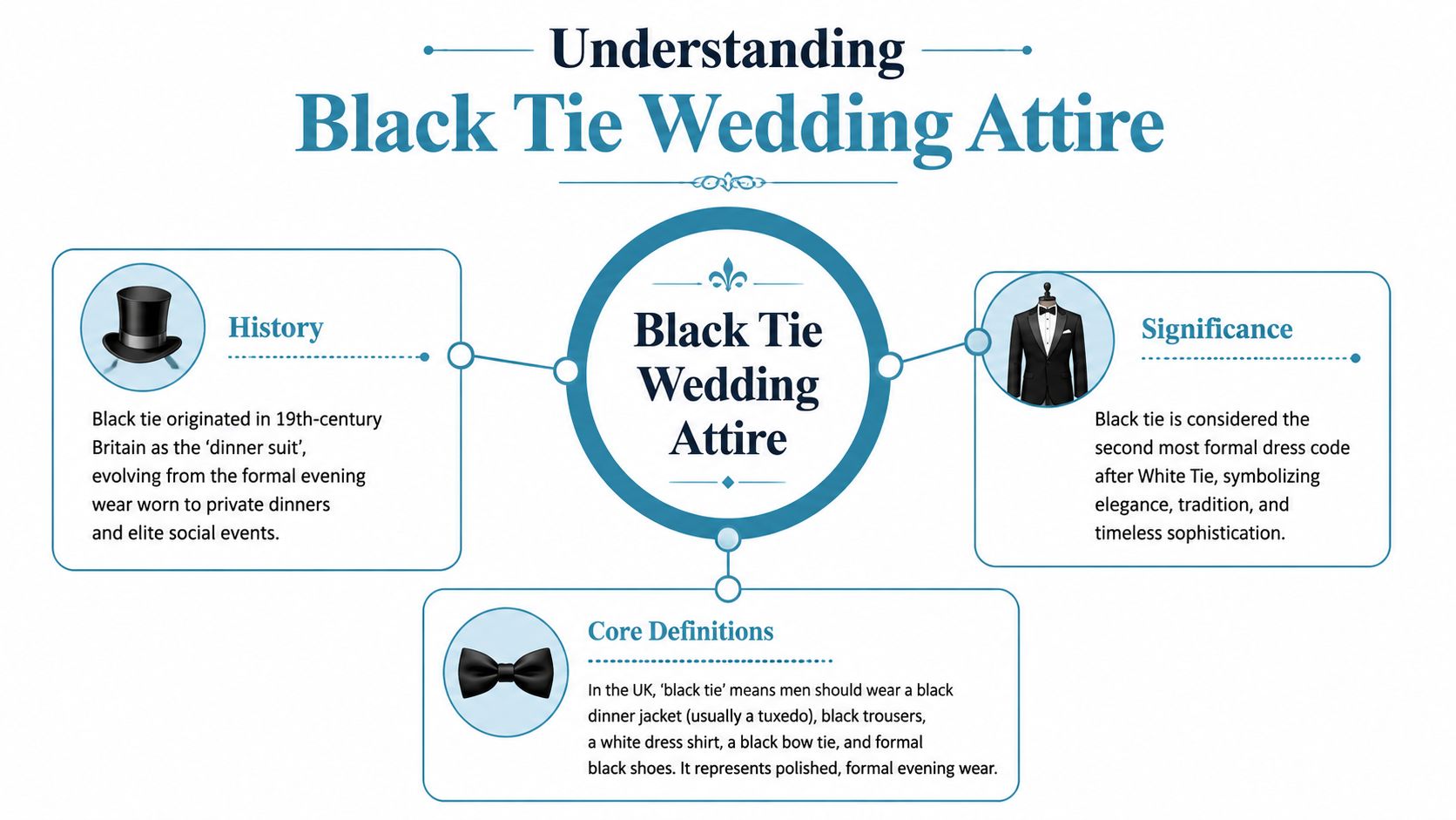An infographic detailing the history, significance, and core definitions of black tie wedding attire for men.