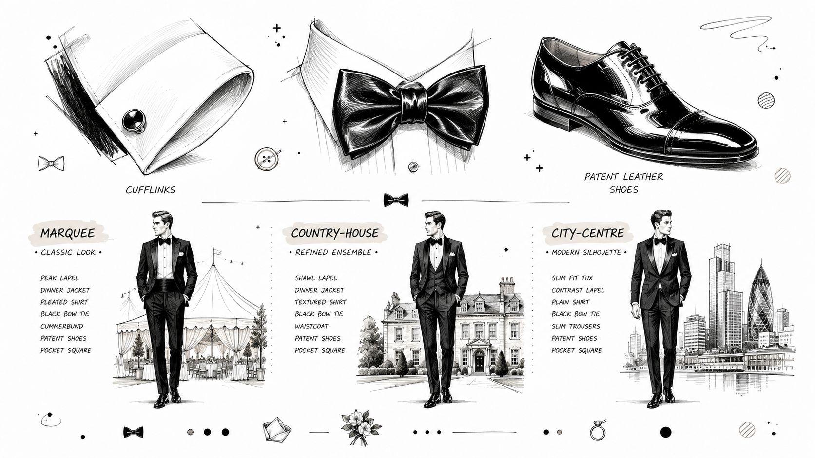 A fashion illustration showcasing three distinct styles of black tie wedding attire for men in various settings.