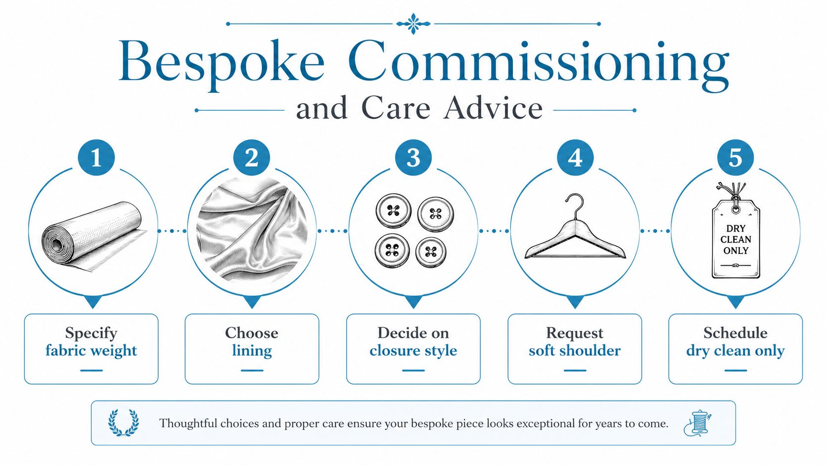 A step-by-step infographic titled Bespoke Commissioning explaining how to select materials and care for custom garments.