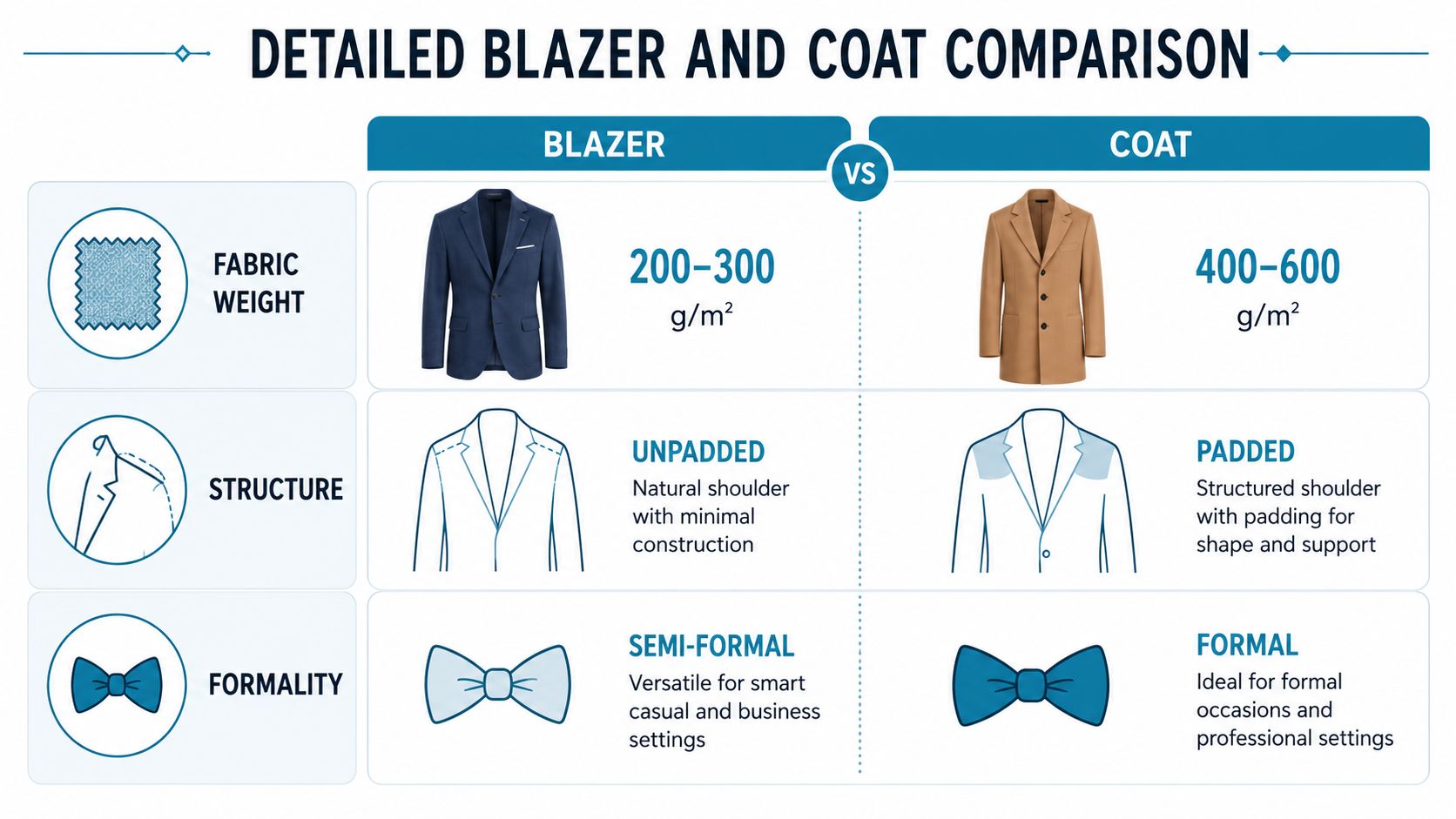 A comparison chart showing differences between a blazer and a coat in weight, structure, and formality.