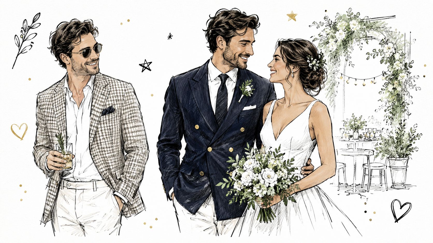 A stylistic sketch of a man in a casual blazer and a wedding couple in formal attire.