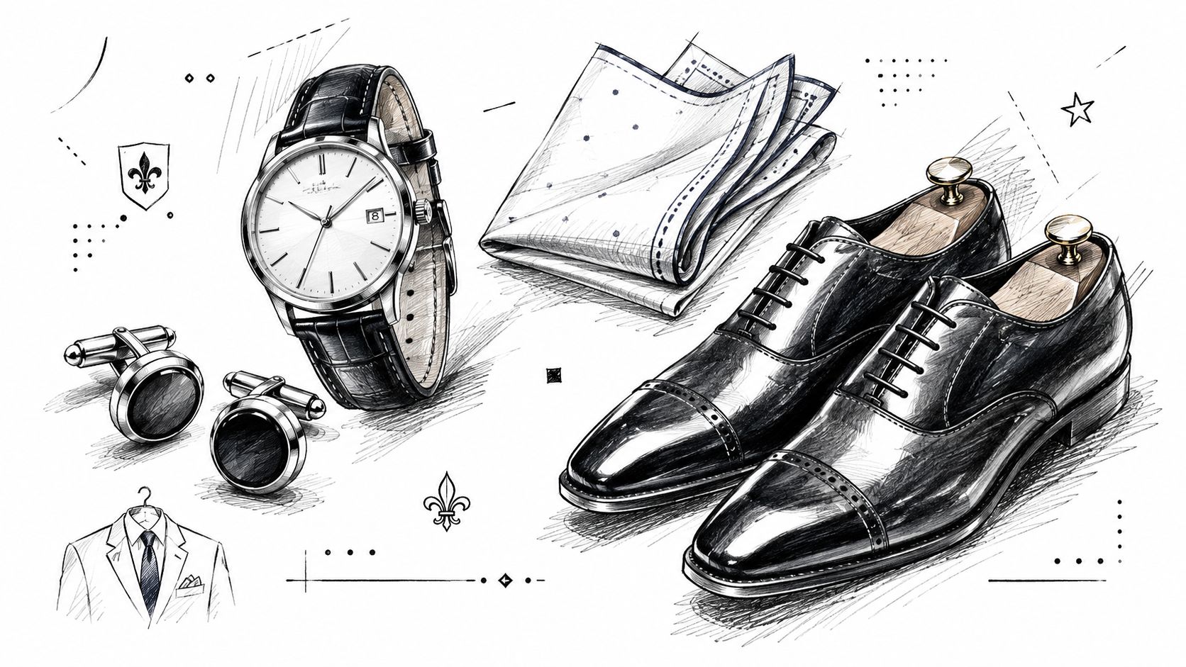A detailed fashion sketch illustration featuring a wristwatch, cufflinks, a pocket square, and formal black dress shoes.