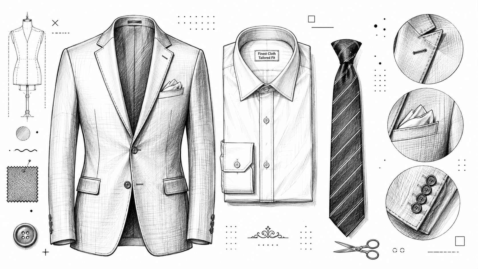 A detailed fashion illustration showing a tailored suit jacket, shirt, tie, and accessory detail circles.