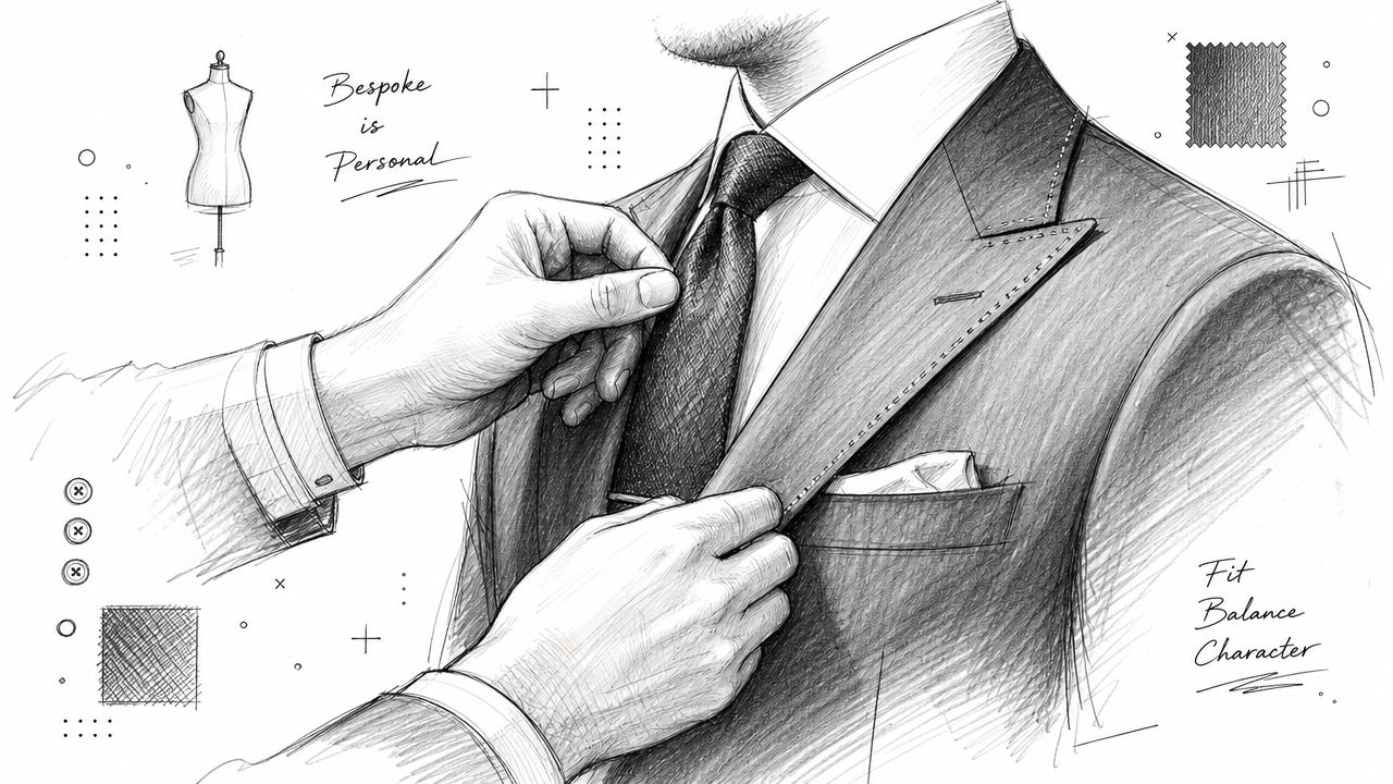 A detailed pencil sketch of a tailor adjusting a bespoke suit on a well-dressed man.
