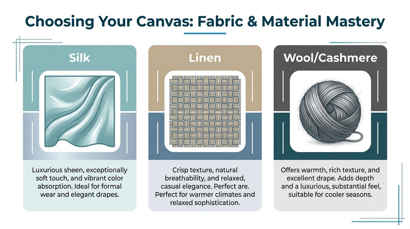 A graphic guide comparing the characteristics and ideal uses of silk, linen, and wool fabrics for clothing.