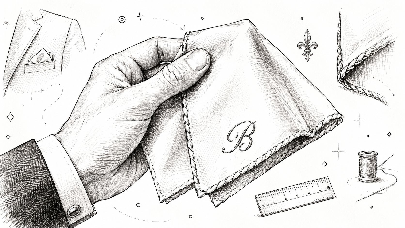 An artistic sketch of a hand holding a personalized pocket square with a letter B embroidery.