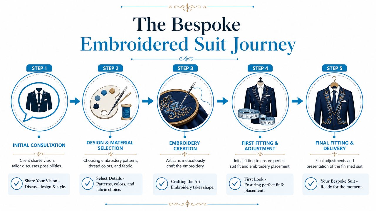 A five-step infographic illustrating the professional bespoke process of creating a custom embroidered suit for clients.