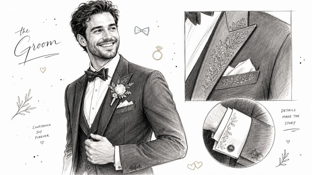 A pencil sketch of a groom wearing an embroidered suit with detailed close-ups of the pocket and cufflink.