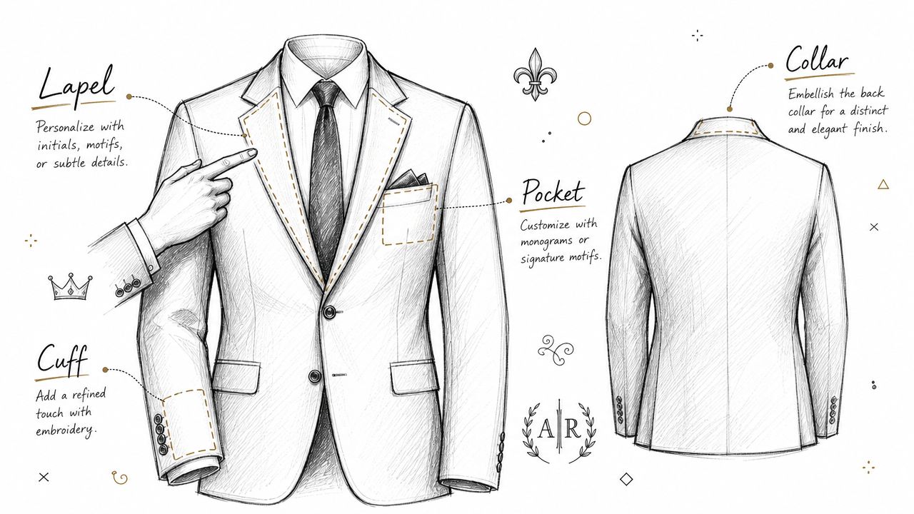A detailed fashion illustration showing various customization options for a men's suit jacket including embroidery and monograms.