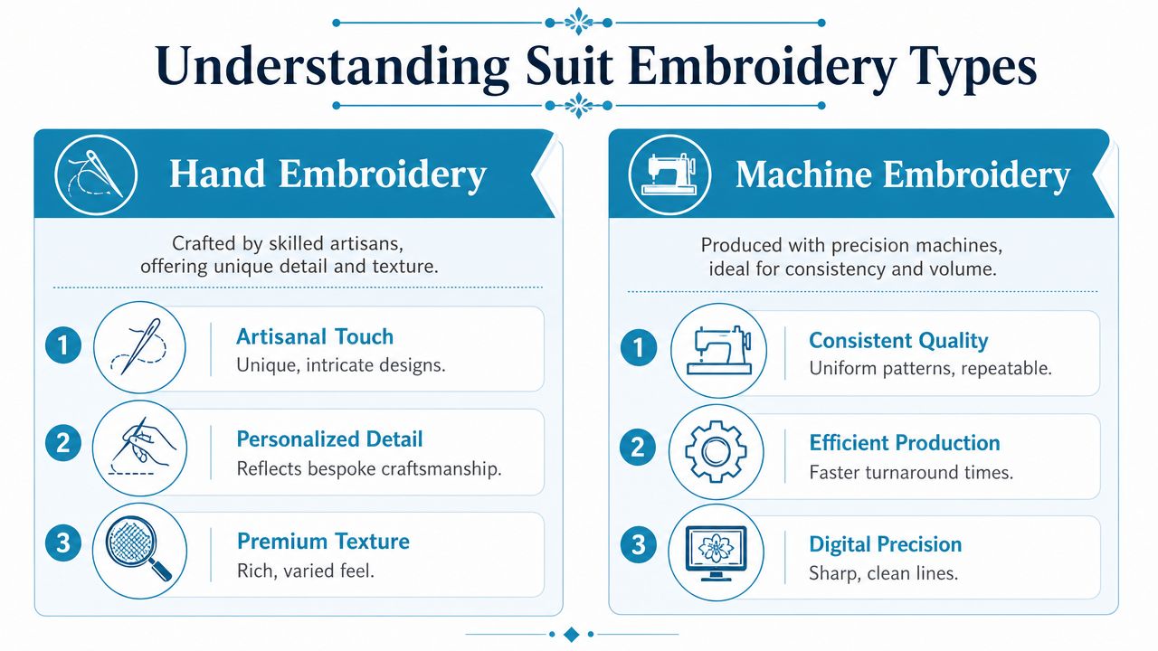 An infographic comparing the features and benefits of hand embroidery versus machine embroidery on designer suits.