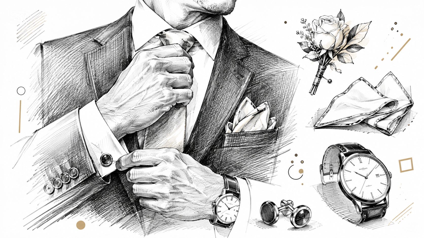 A detailed pencil sketch of a man in a suit adjusting his tie with wedding accessories