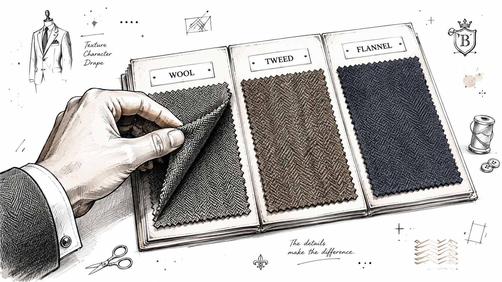 A close-up hand illustration flipping through a fabric swatch book featuring wool, tweed, and flannel samples.