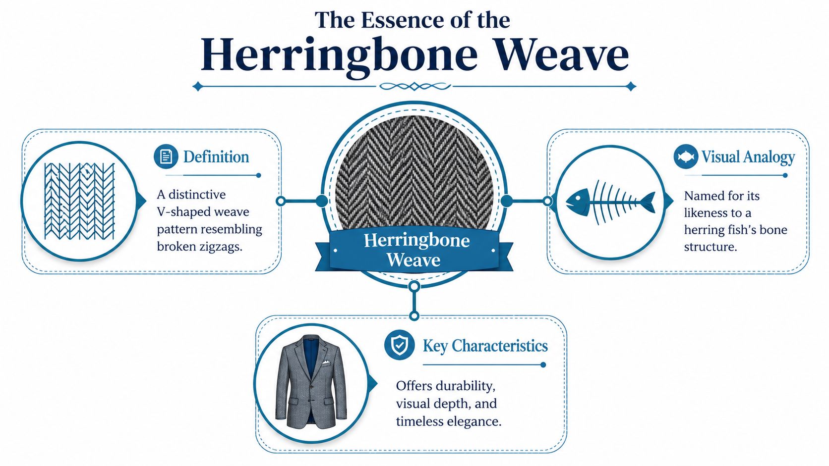An infographic detailing the definition, visual analogy, and characteristics of the classic herringbone weave fabric pattern.