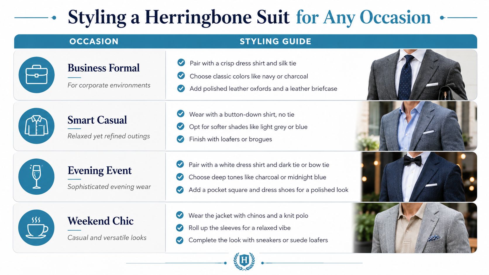 A styling guide infographic showing how to wear a herringbone suit for four different fashion occasions.
