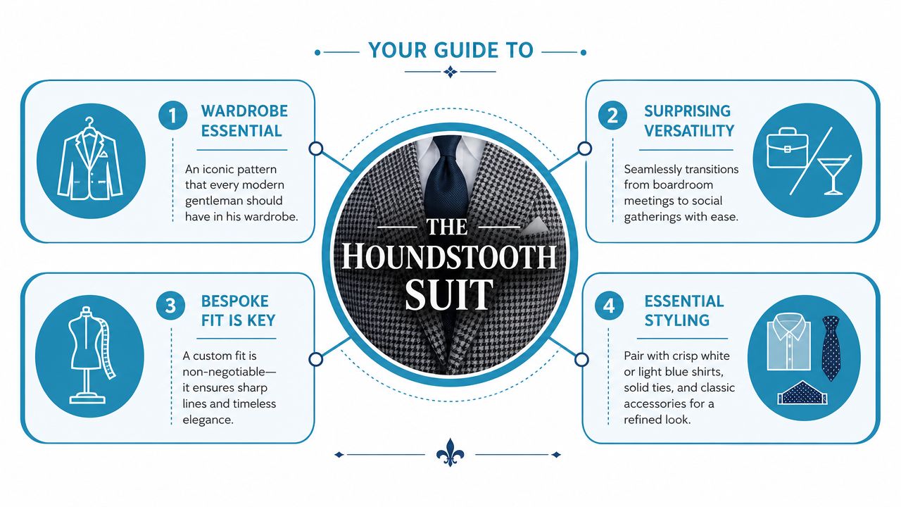 An infographic titled The Houndstooth Suit explaining its role as a wardrobe essential and styling guide.