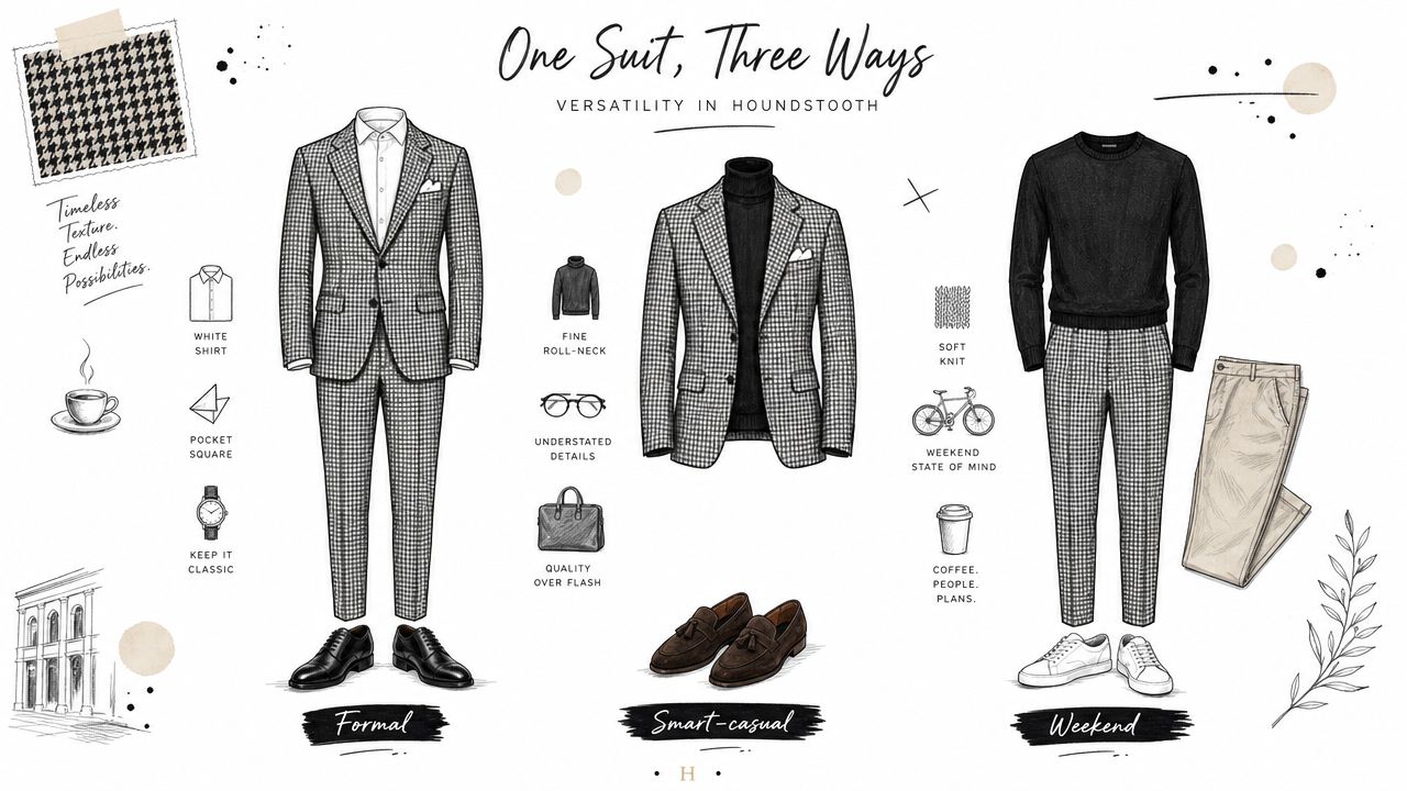 A fashion illustration showcasing three different ways to style a versatile houndstooth suit for various occasions.