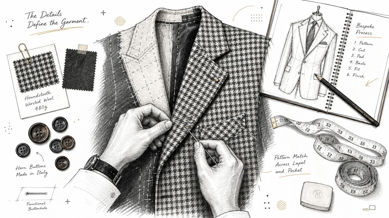 A detailed illustration showing a tailor working on a bespoke houndstooth wool suit jacket with sewing tools.