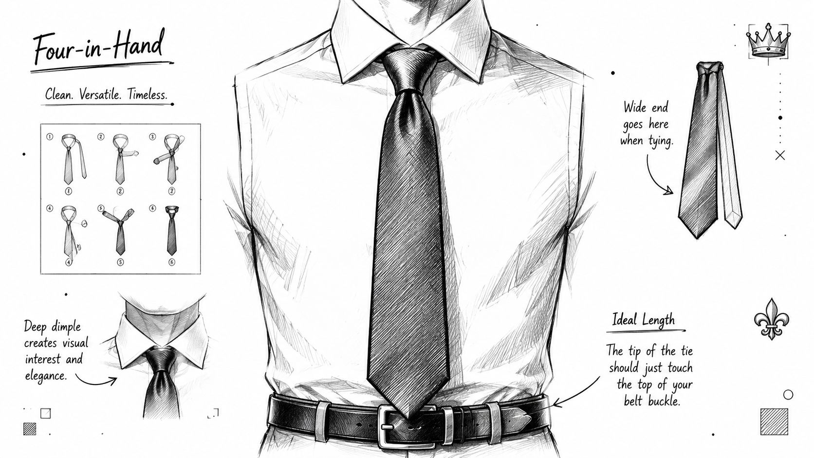 A detailed illustration showing how to tie a Four-in-Hand necktie knot with step-by-step instructions and tips.