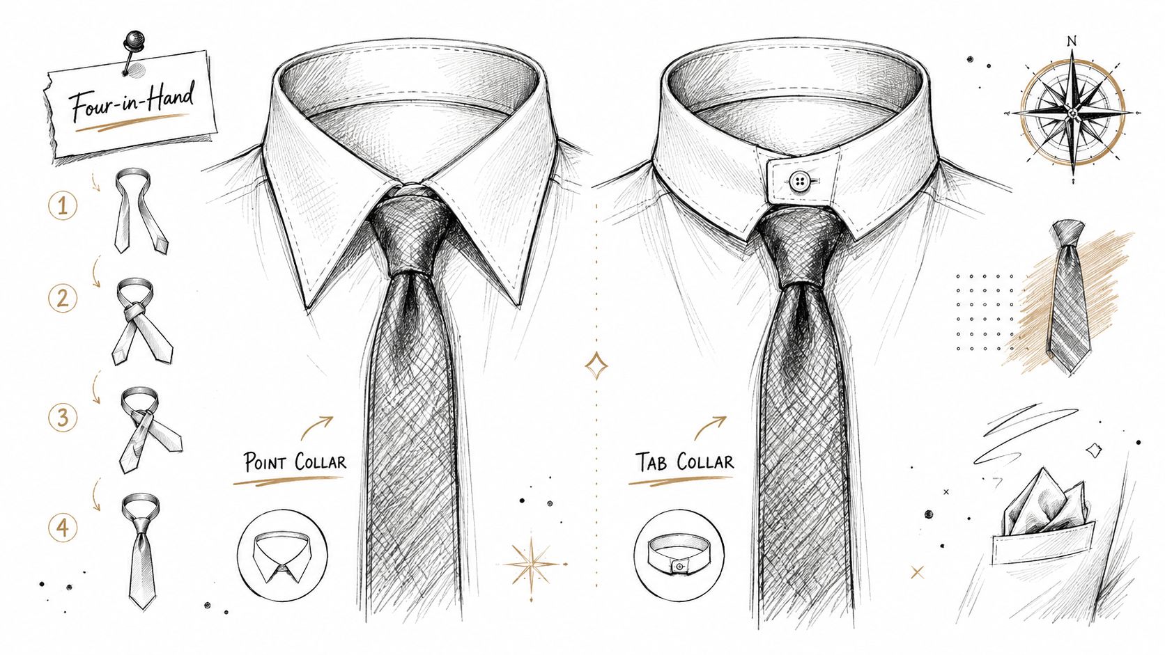 A detailed illustration showing how to tie a four-in-hand necktie knot with point and tab collars.