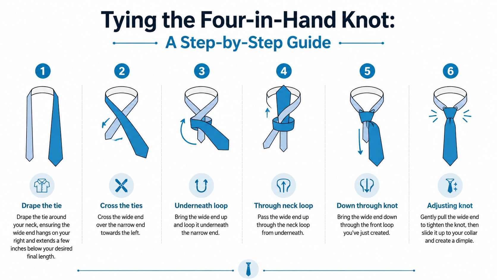 A six-step instructional guide on how to tie a traditional four-in-hand necktie knot with clear illustrations.