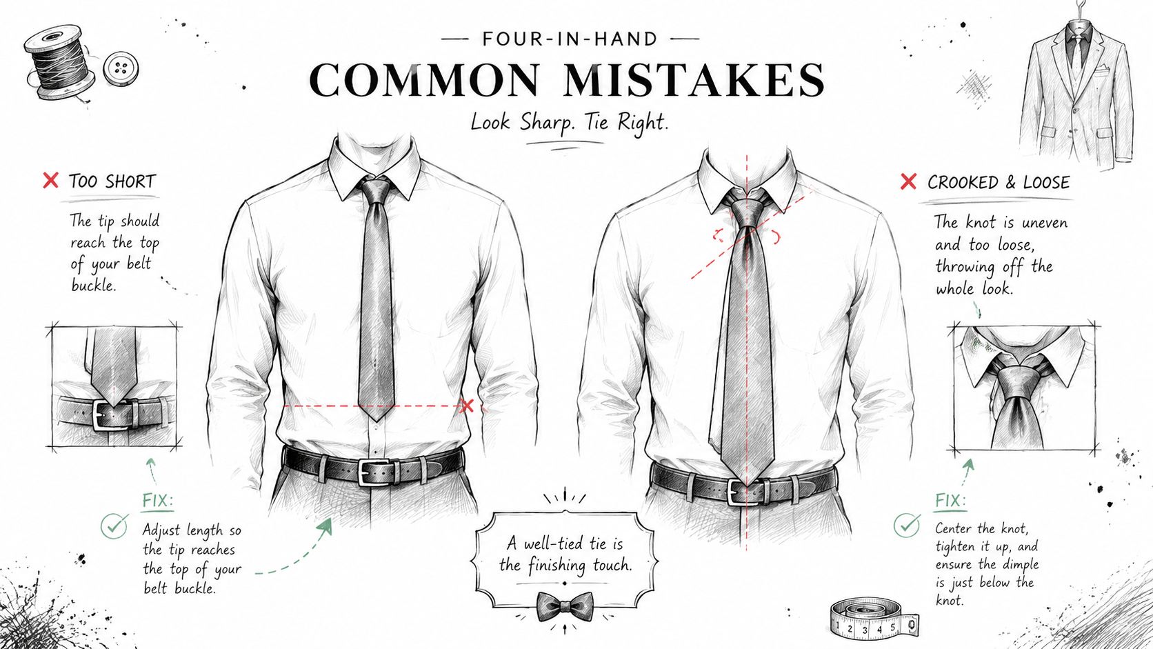 An infographic illustrating common mistakes when wearing a four-in-hand necktie, including incorrect length and a loose knot.