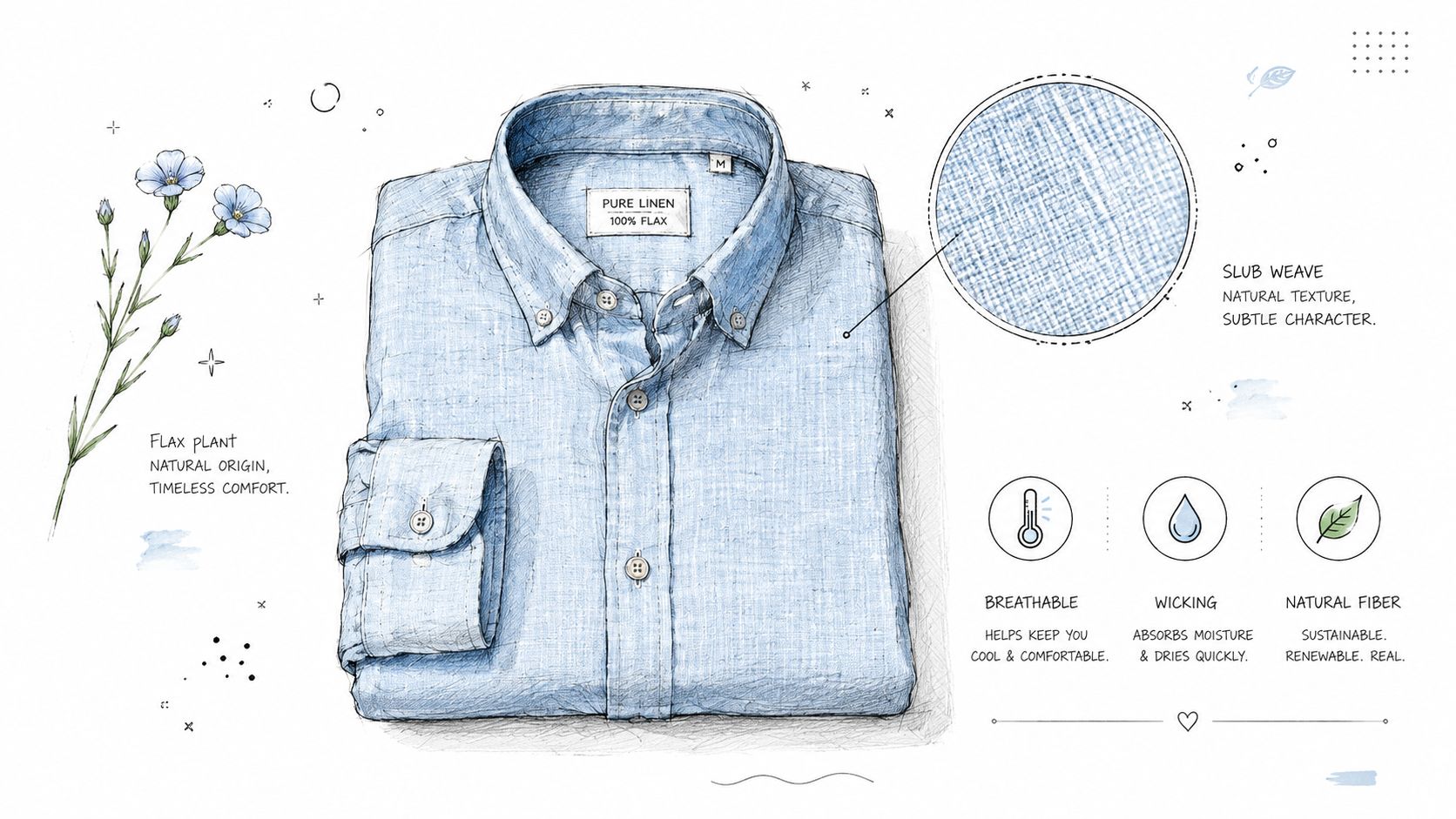A hand-drawn illustration of a light blue linen shirt surrounded by flax plant imagery and product benefits.
