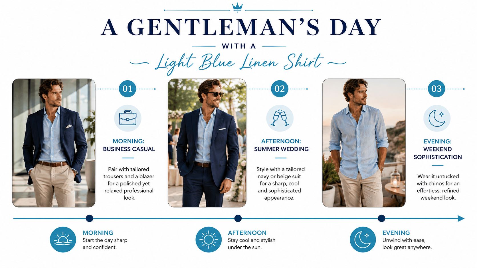 A guide showing how to style a light blue linen shirt for morning, afternoon, and evening occasions.