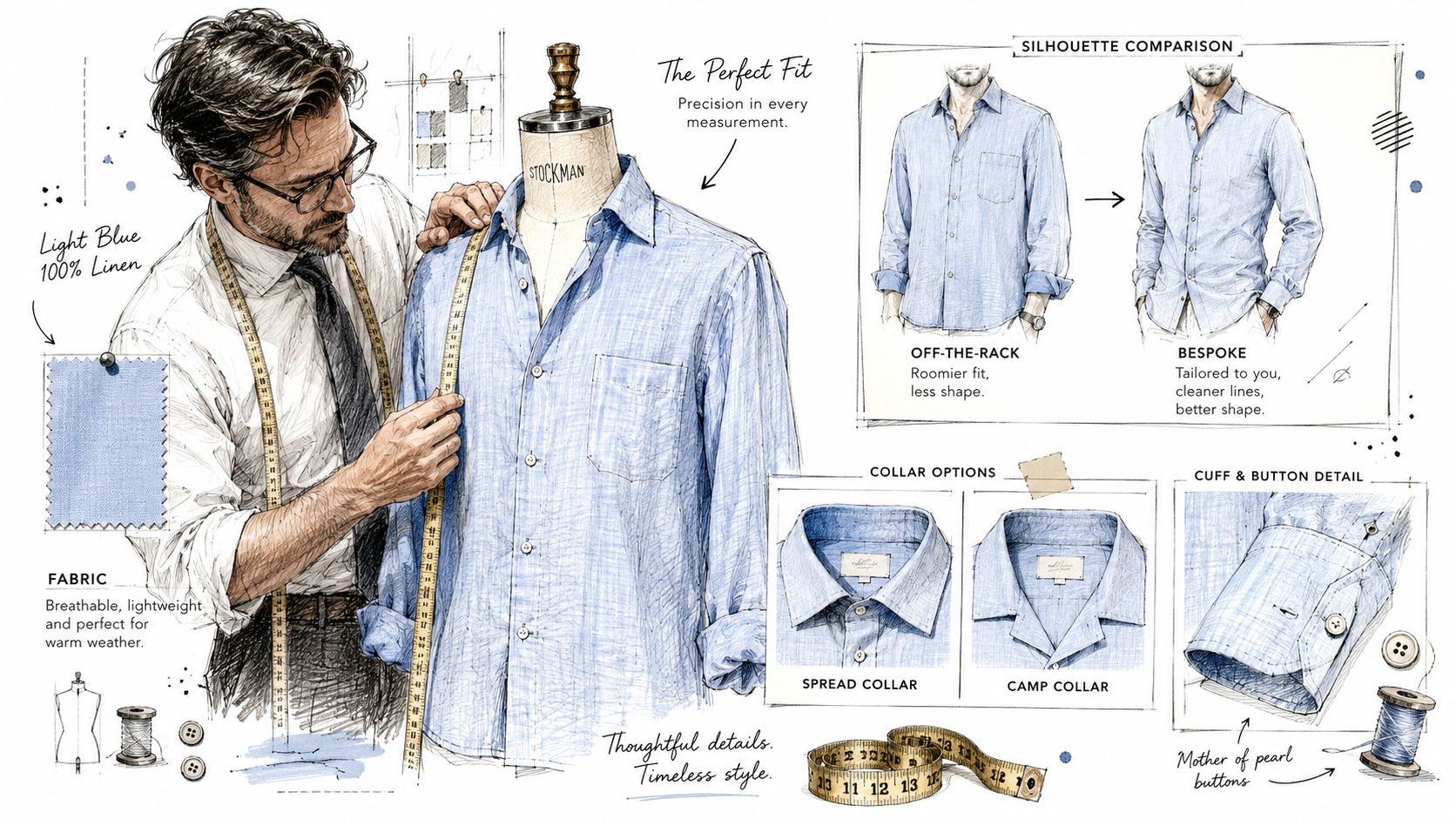 A professional tailor measuring a light blue linen shirt on a mannequin with sketches of shirt details.