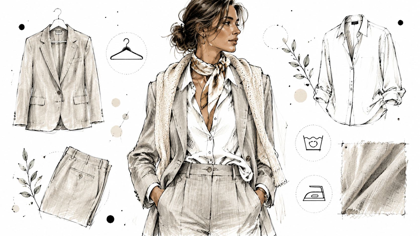 A fashion illustration of a woman wearing a chic linen suit, accompanied by separate garment sketches and icons.