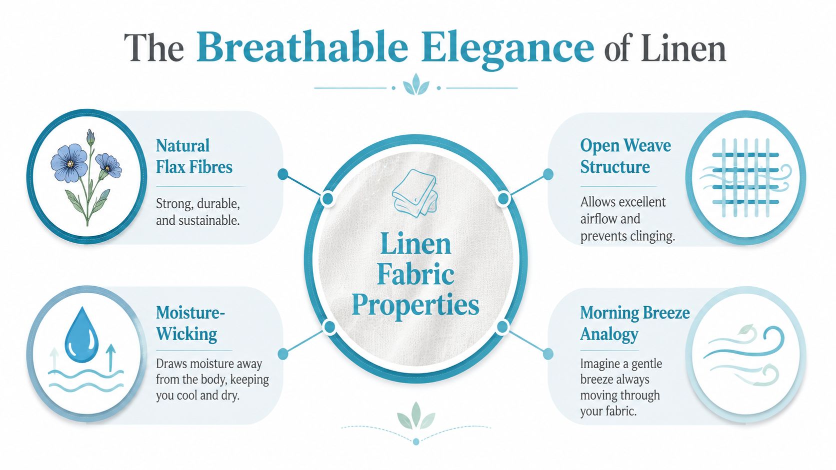 An infographic titled The Breathable Elegance of Linen illustrating the properties of natural linen fabric.