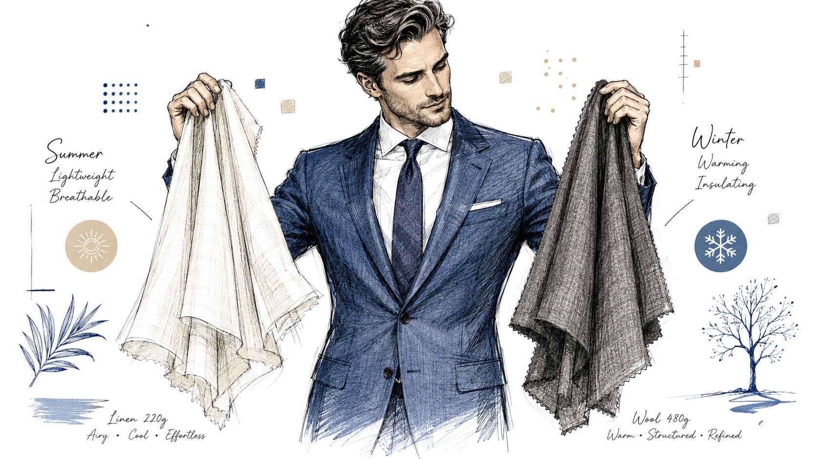 A stylish man in a blue suit comparing lightweight summer linen fabric and warm winter wool fabric.