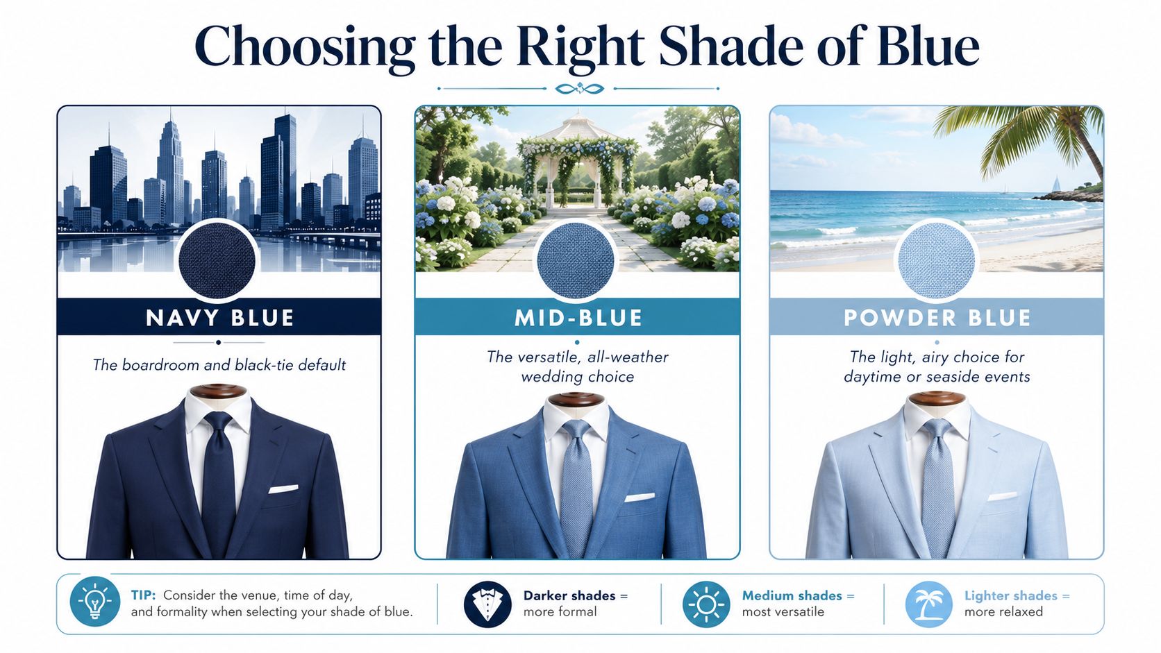 A guide on how to choose the right shade of blue for men's wedding suits based on setting.
