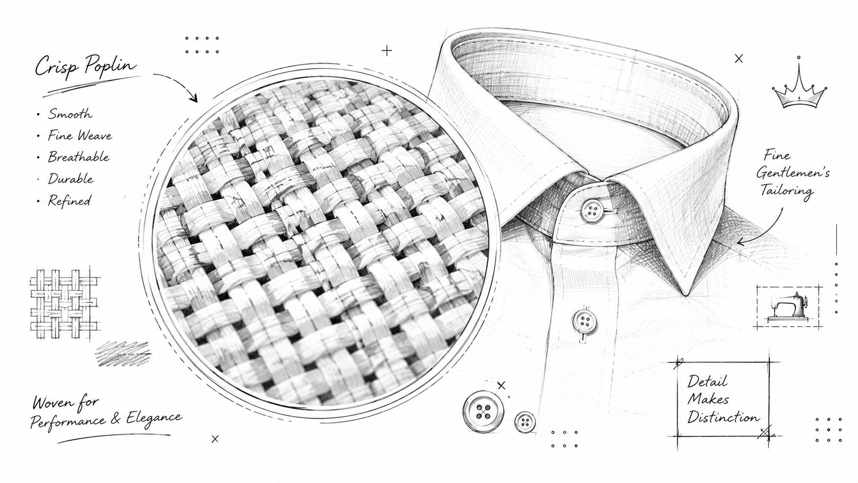 A detailed technical illustration of a mens formal shirt showing its crisp poplin fabric texture and quality tailoring.