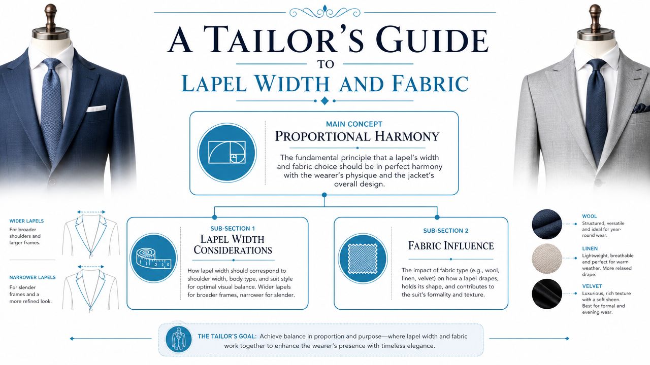 A professional infographic titled A Tailor's Guide to Lapel Width and Fabric featuring suit jacket styling advice.
