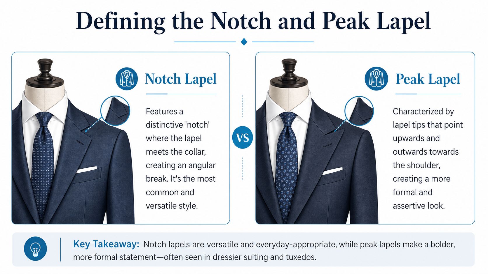 An infographic comparing notch lapels and peak lapels on men's suits with descriptions and a final summary.
