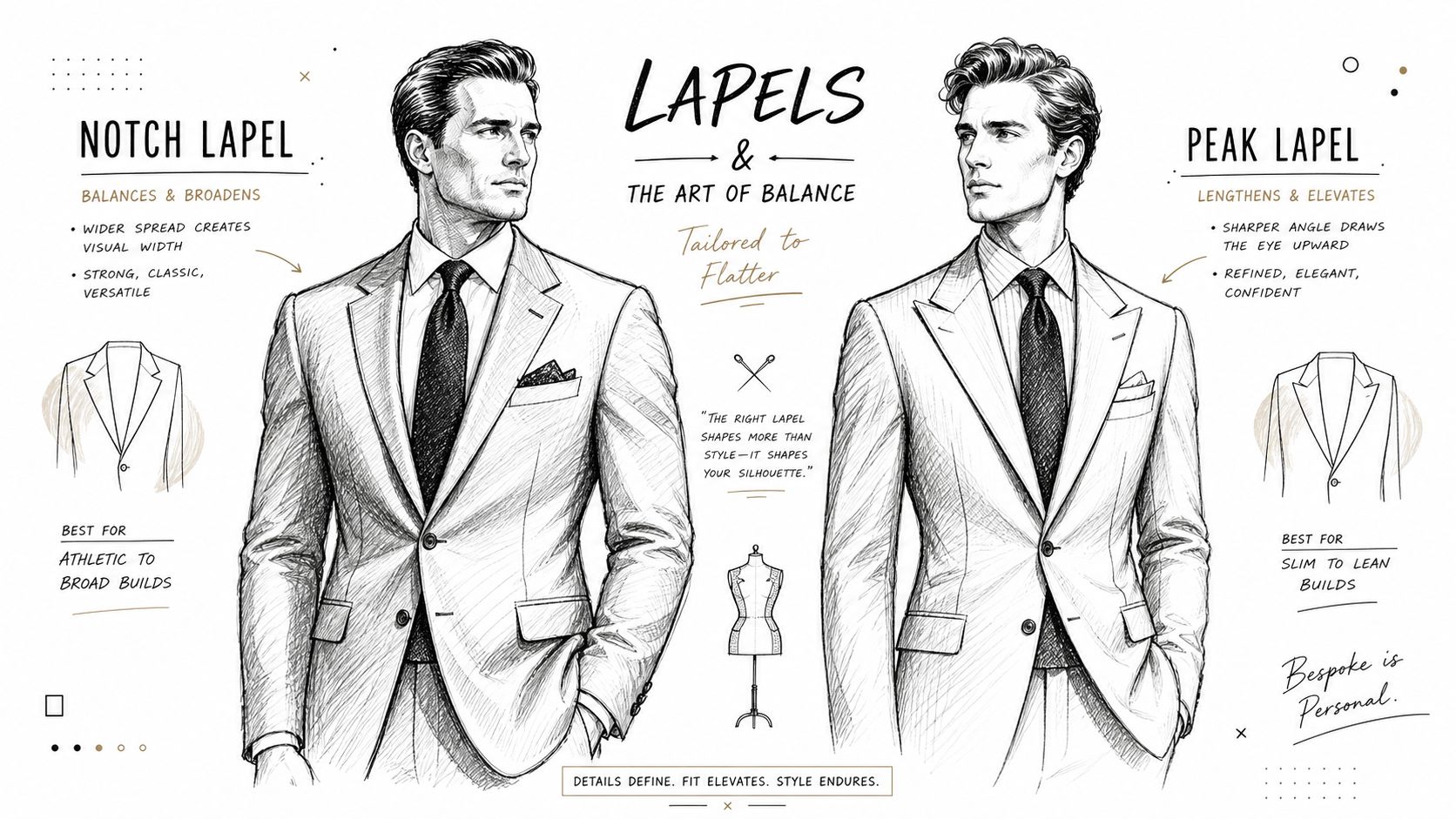 A detailed fashion illustration comparing notch lapels for broad builds and peak lapels for lean body types.