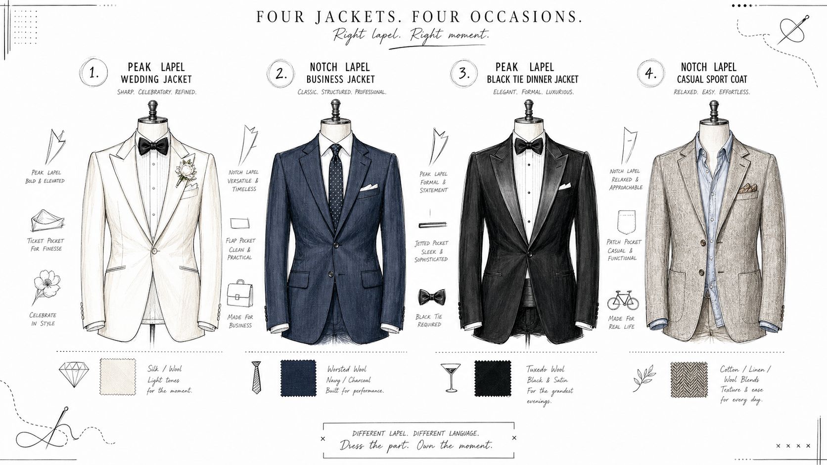 An infographic showing four different men's suit jacket styles, including peak and notch lapels, for various occasions.
