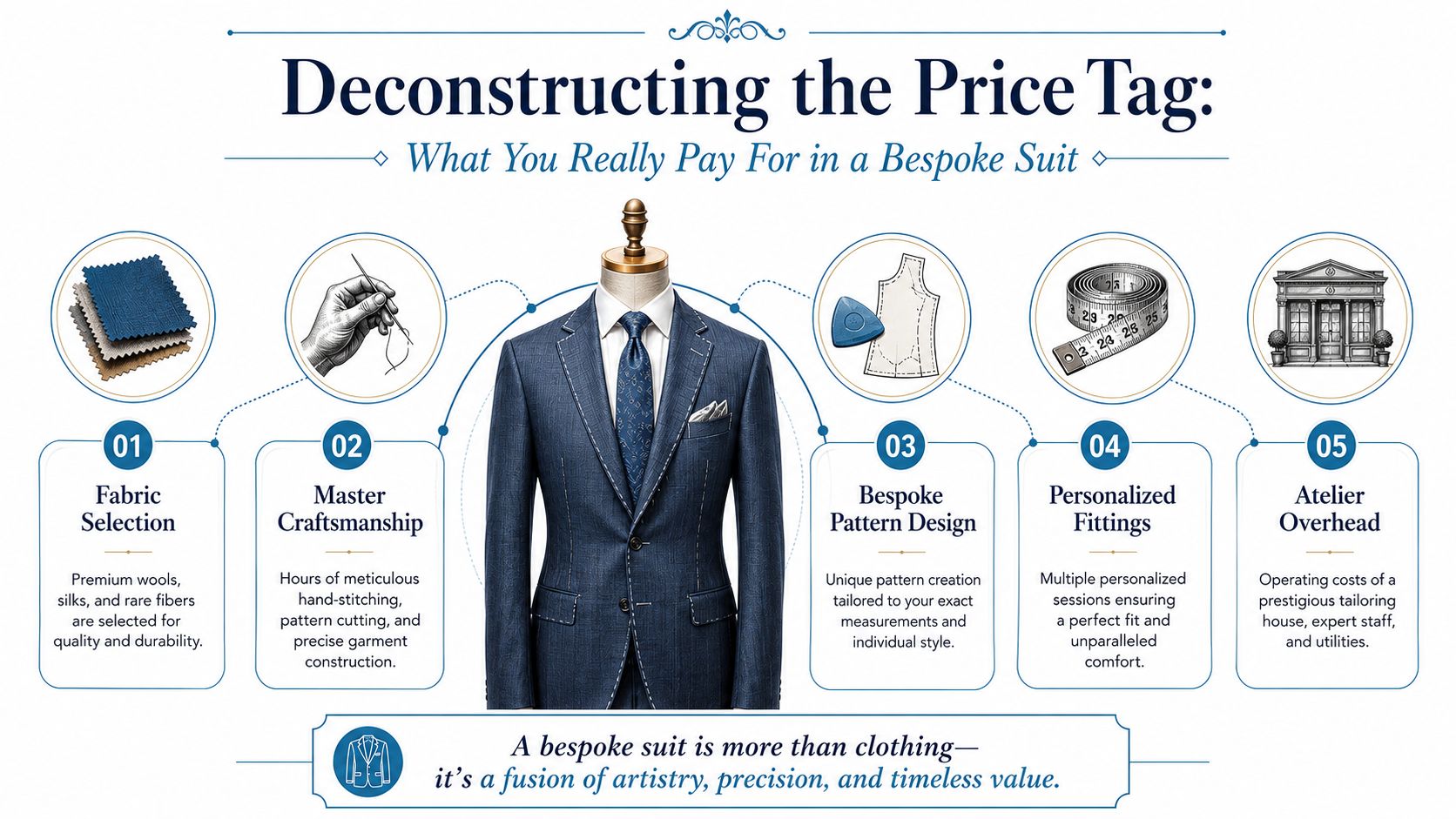 An infographic titled Deconstructing the Price Tag, explaining the five key factors behind the cost of bespoke suits.