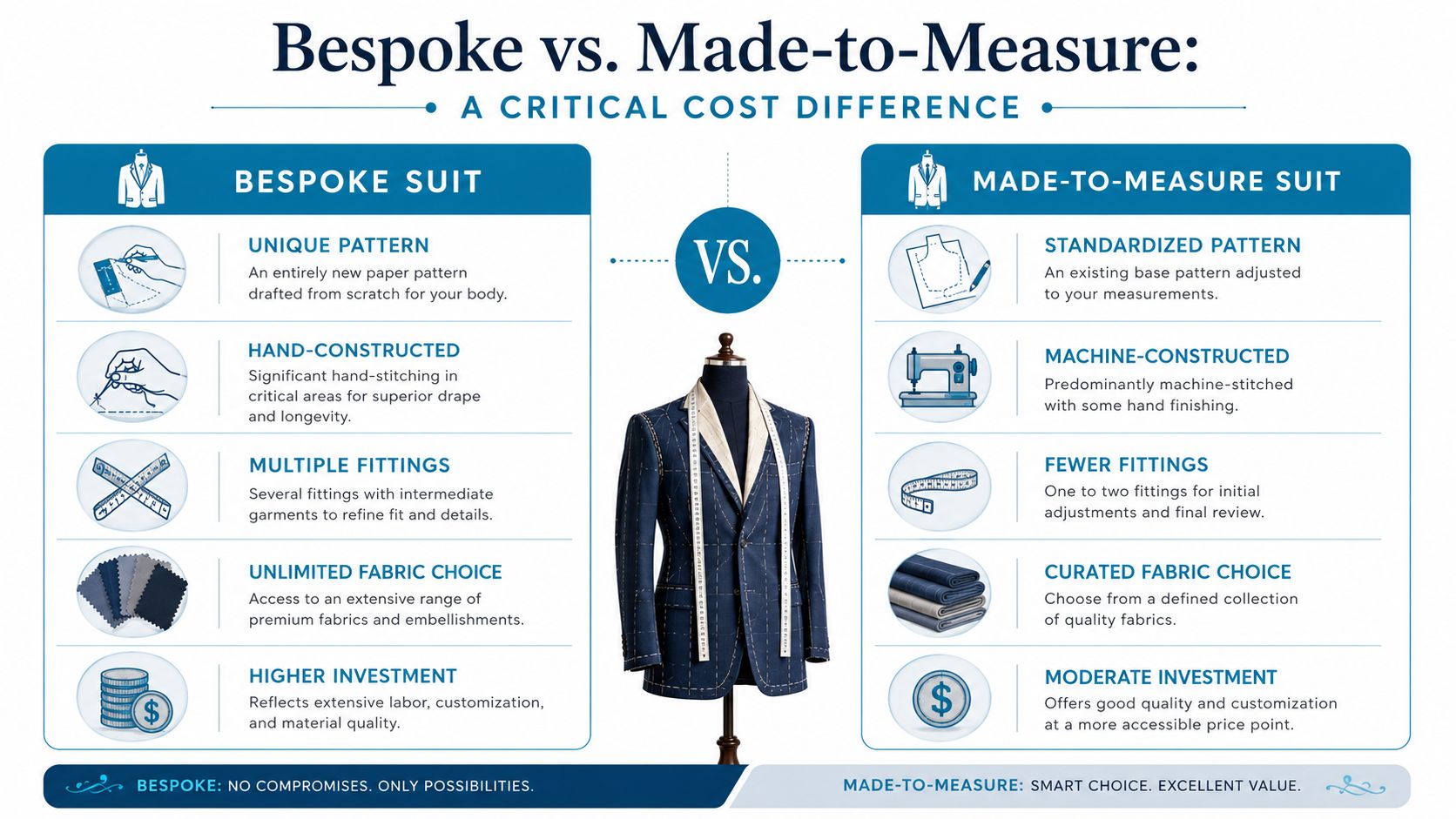 A comparison chart showing the differences between bespoke and made-to-measure suits regarding patterns, construction, fittings, and cost.