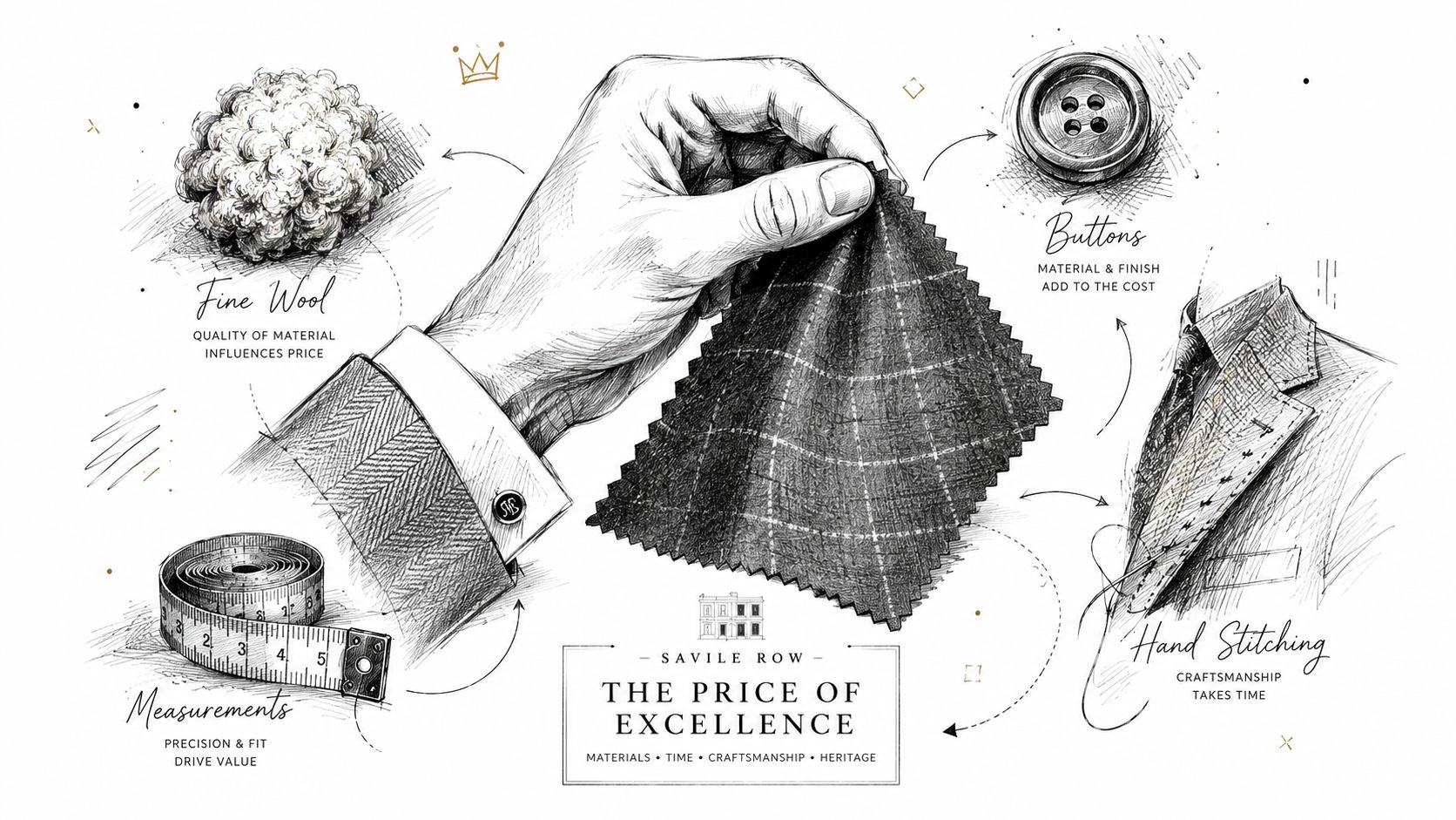 A detailed sketch showing tailoring elements like fine wool, buttons, hand stitching, and measurements for Savile Row suits.