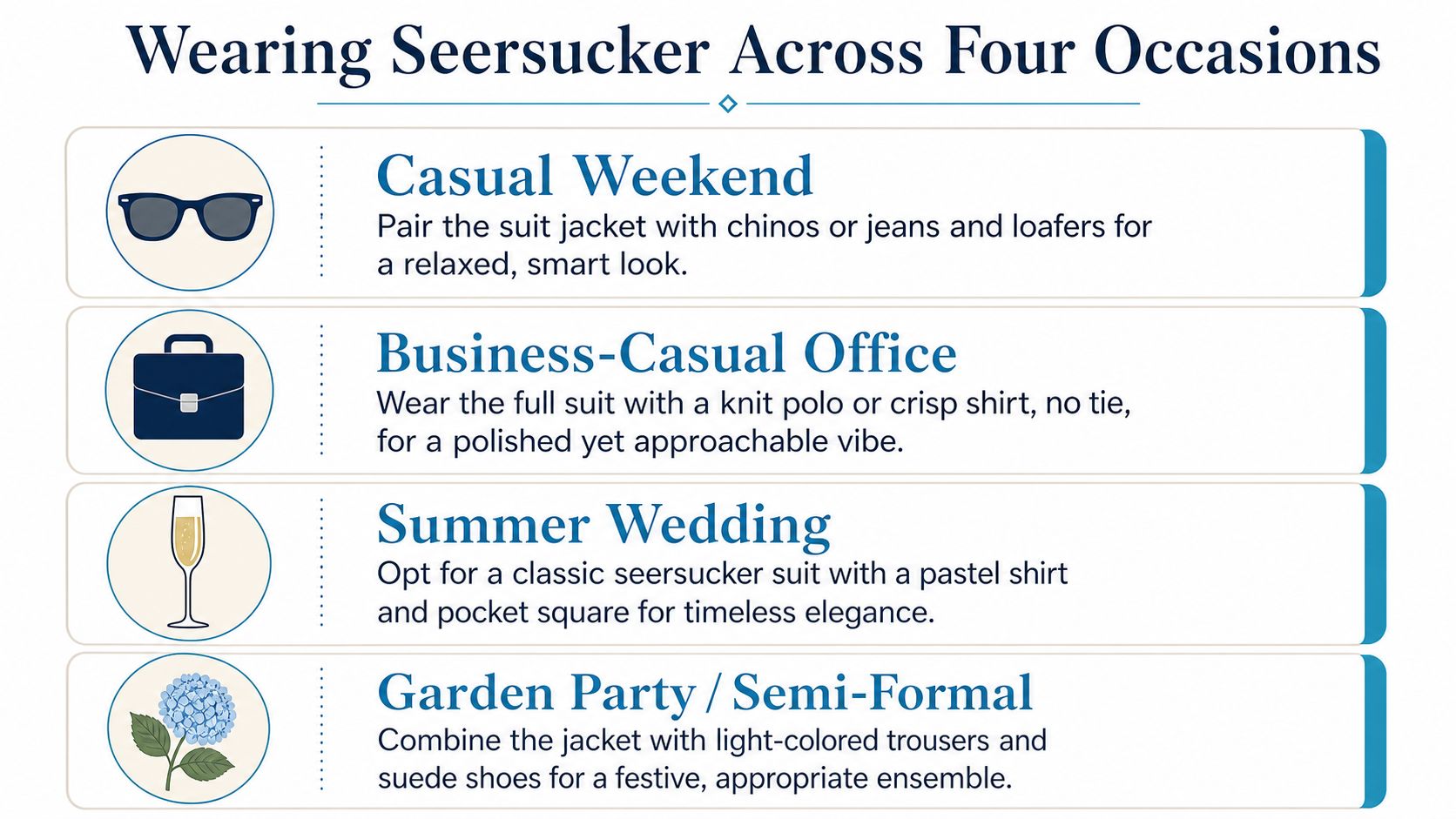 A style guide infographic showing four different ways to wear a seersucker suit for various occasions.