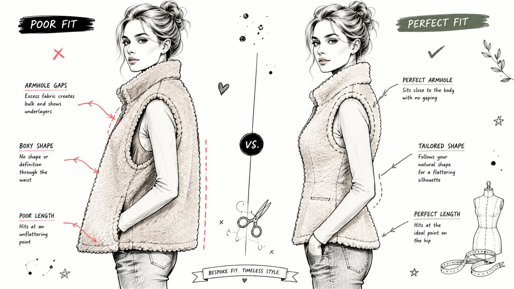 A fashion illustration comparing a poor fitting versus a perfect fitting sheepskin gilet for ladies.
