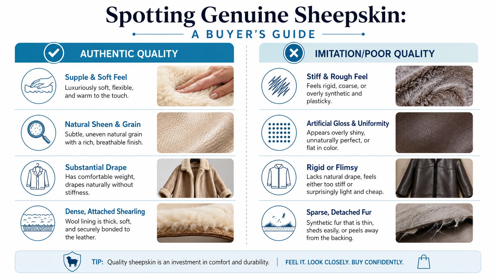 A guide illustrating how to distinguish between genuine sheepskin and imitation materials by comparing texture, appearance, and quality.